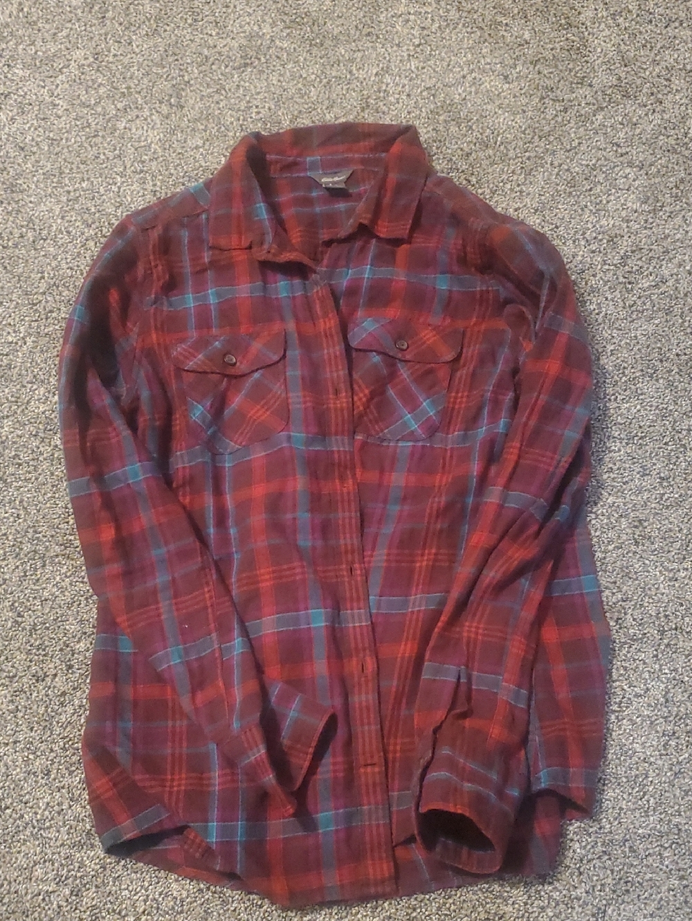 Eddie Bauer Maroon and Teal Plaid Flannel Shirt